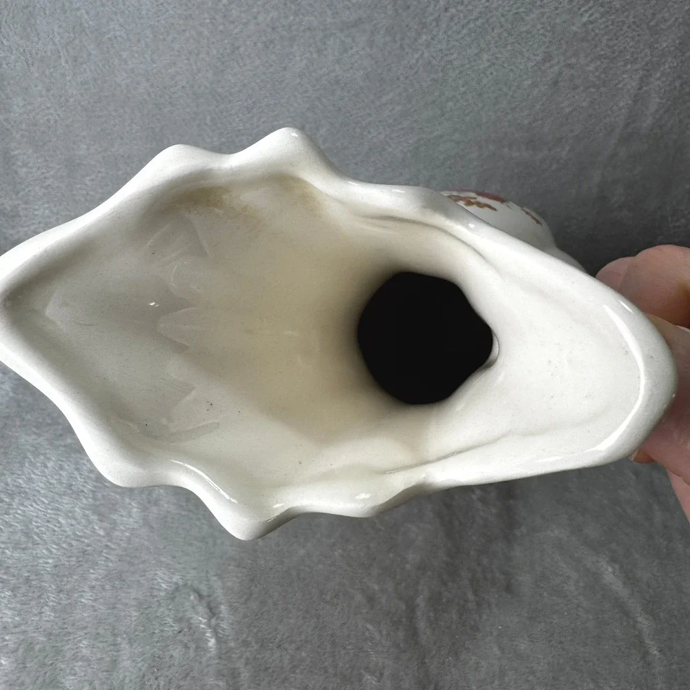 Vintage White Ceramic Rose Floral Pitcher Vase Ornate Handle Scalloped Cottage